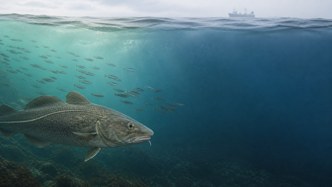 北東大西洋で大型魚と小型の獲物魚が暖水と寒水の境を泳ぐ場面