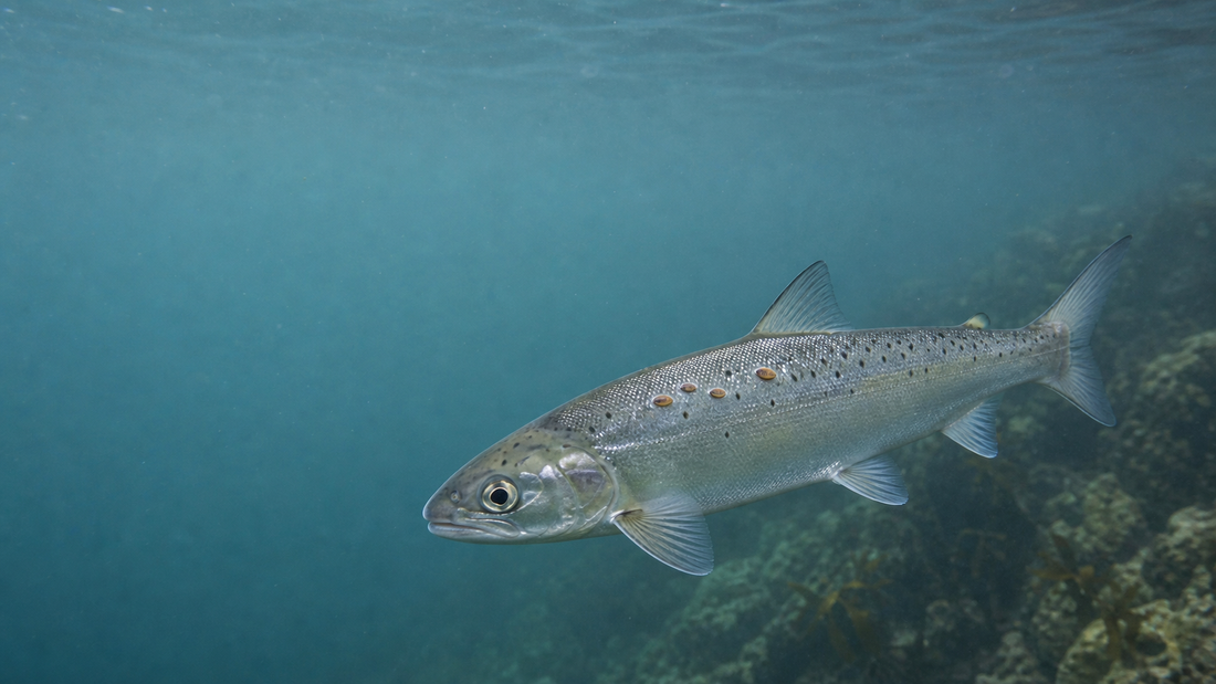 ノルウェーのフィヨルド入口を泳ぐ若いタイセイヨウサケと小さなサケジラミの自然史描写