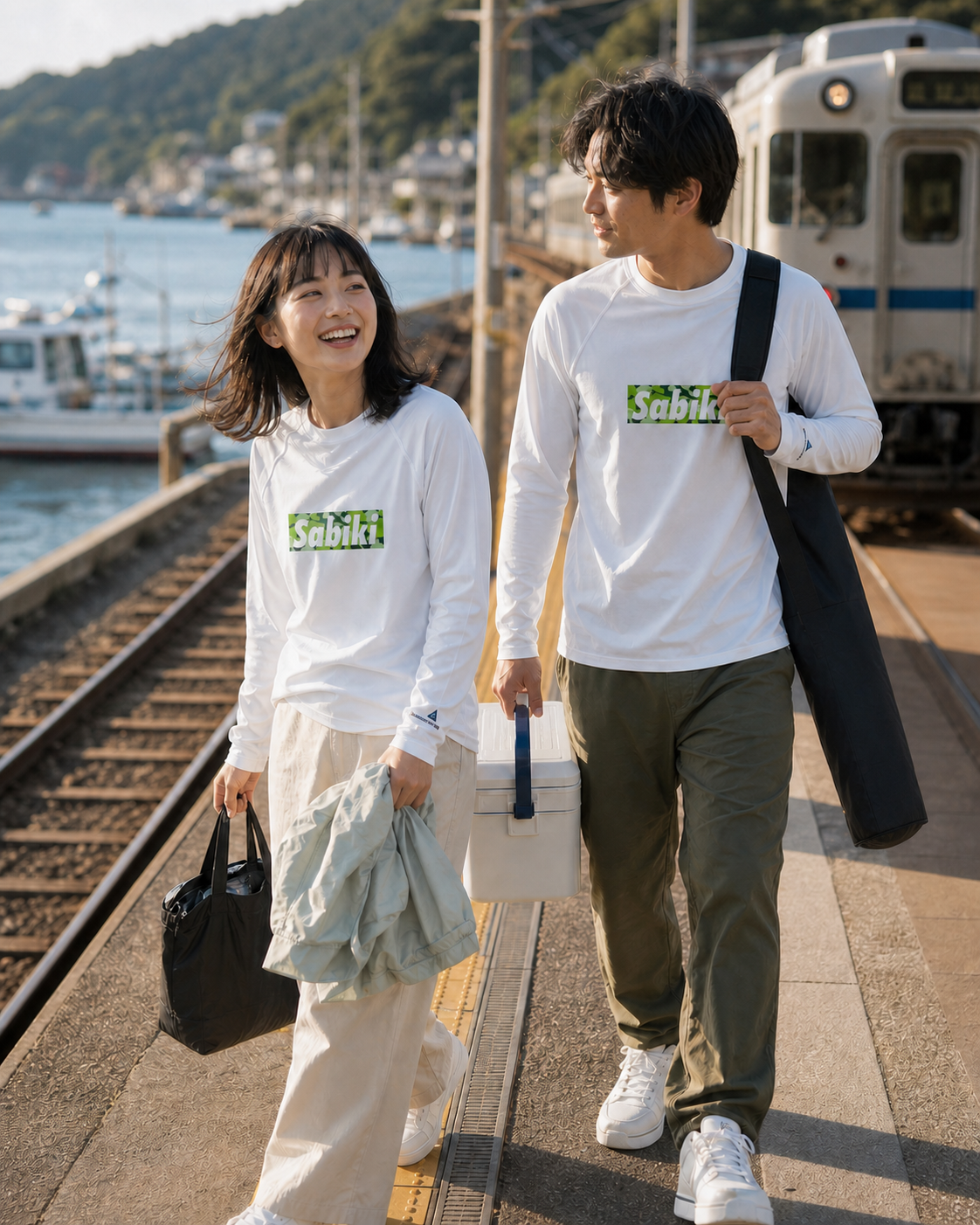 SABIKI カモボックス ラッシュガードを着て海沿いの駅から帰る女性と男性