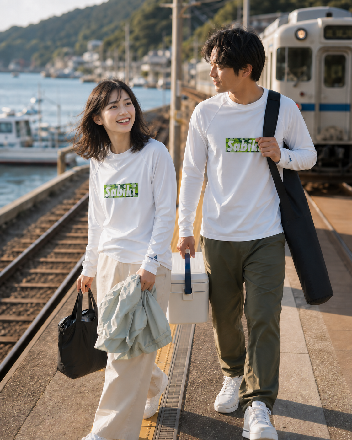 SABIKI カモボックス ラッシュガードを着て海沿いの駅から帰る女性と男性
