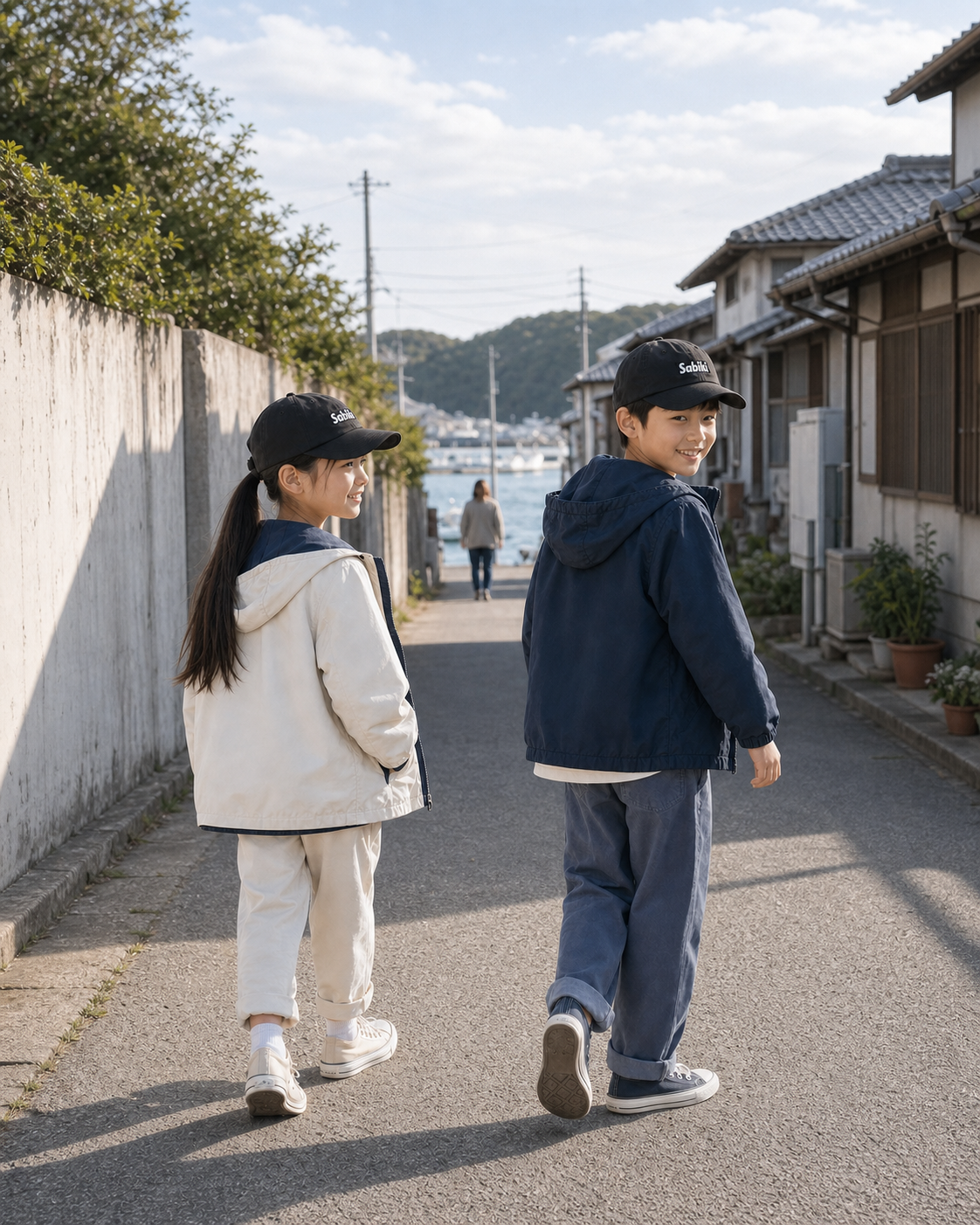 ブラックのSABIKI BOXキッズキャップをかぶり港で過ごす兄妹(着用イメージ4)