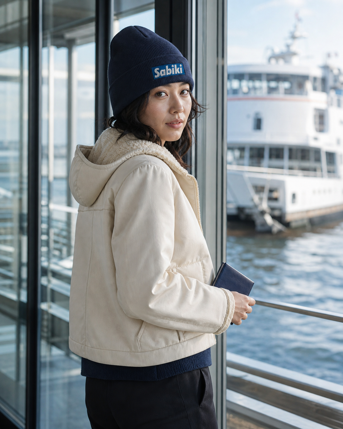 ブルー SABIKI BOX カフビーニーを取り入れた女性のコーディネート