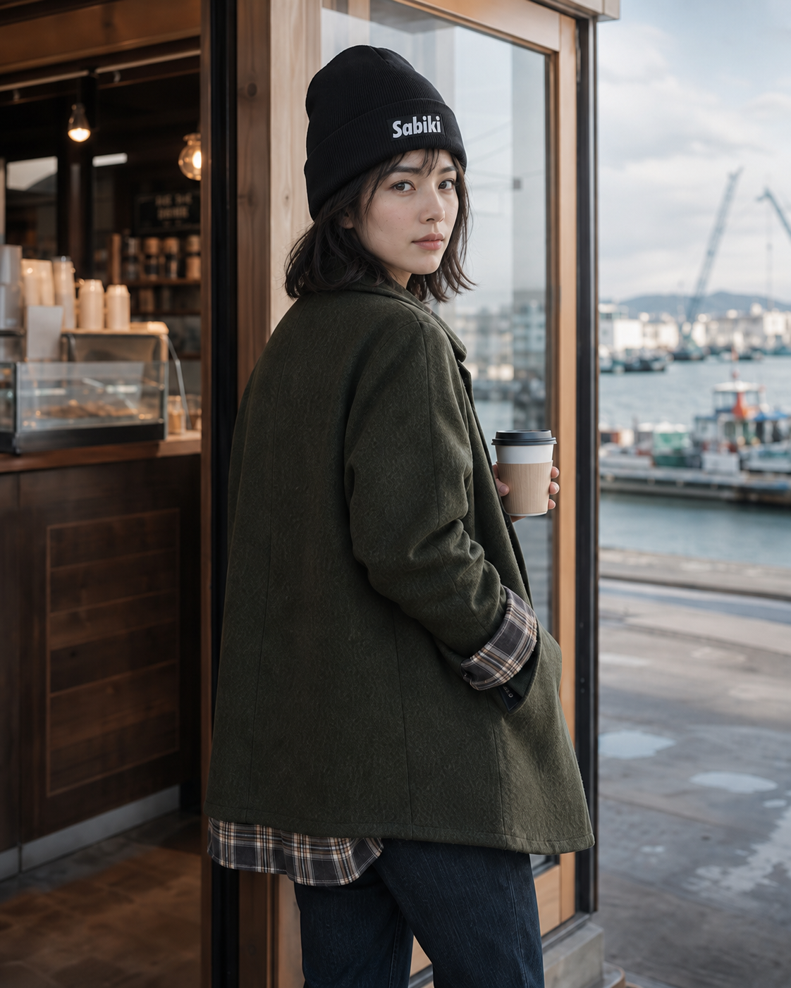 ブラック SABIKI BOX カフビーニーを取り入れた女性のコーディネート