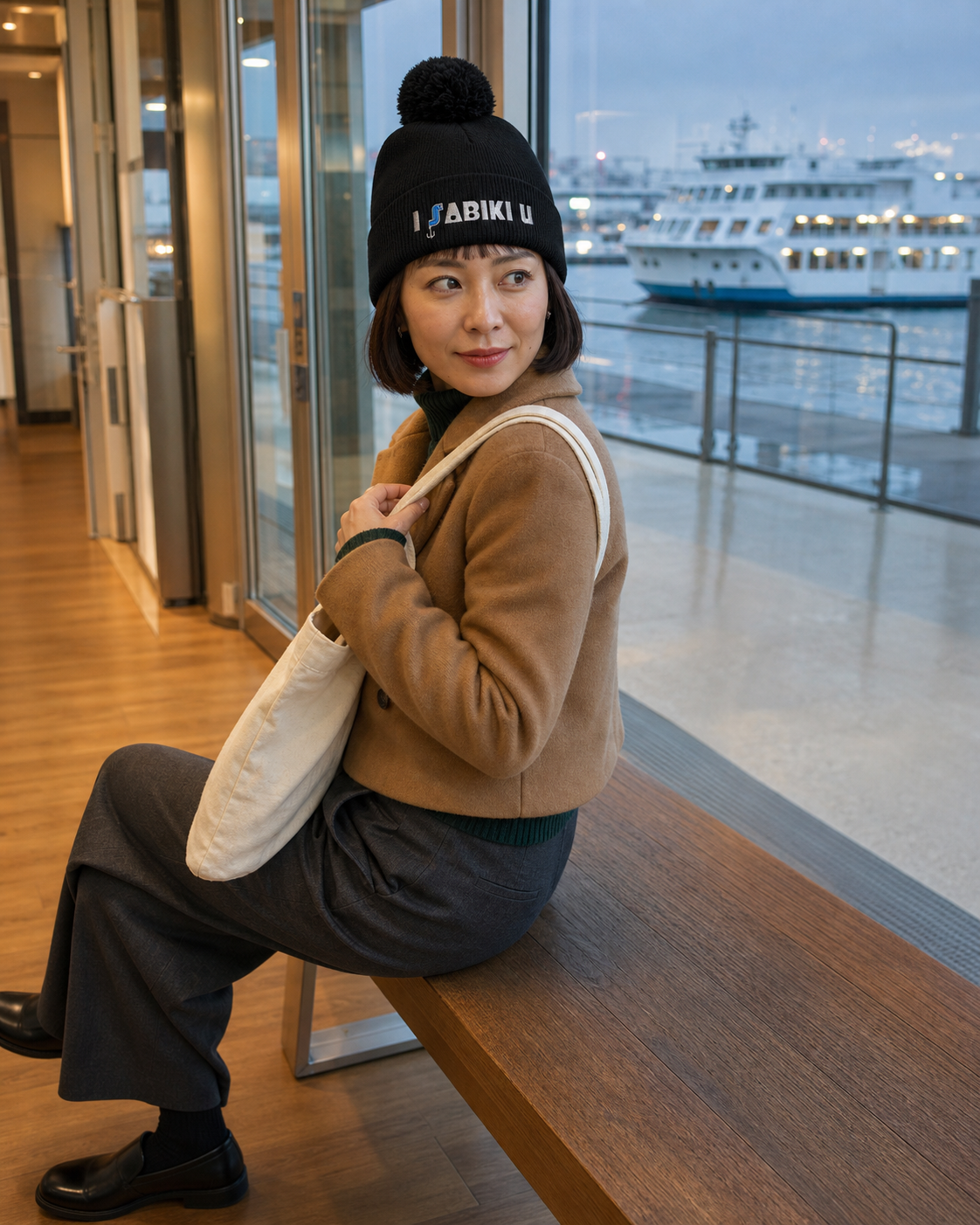I SABIKI U ポンポンビーニーを取り入れた女性のコーディネート