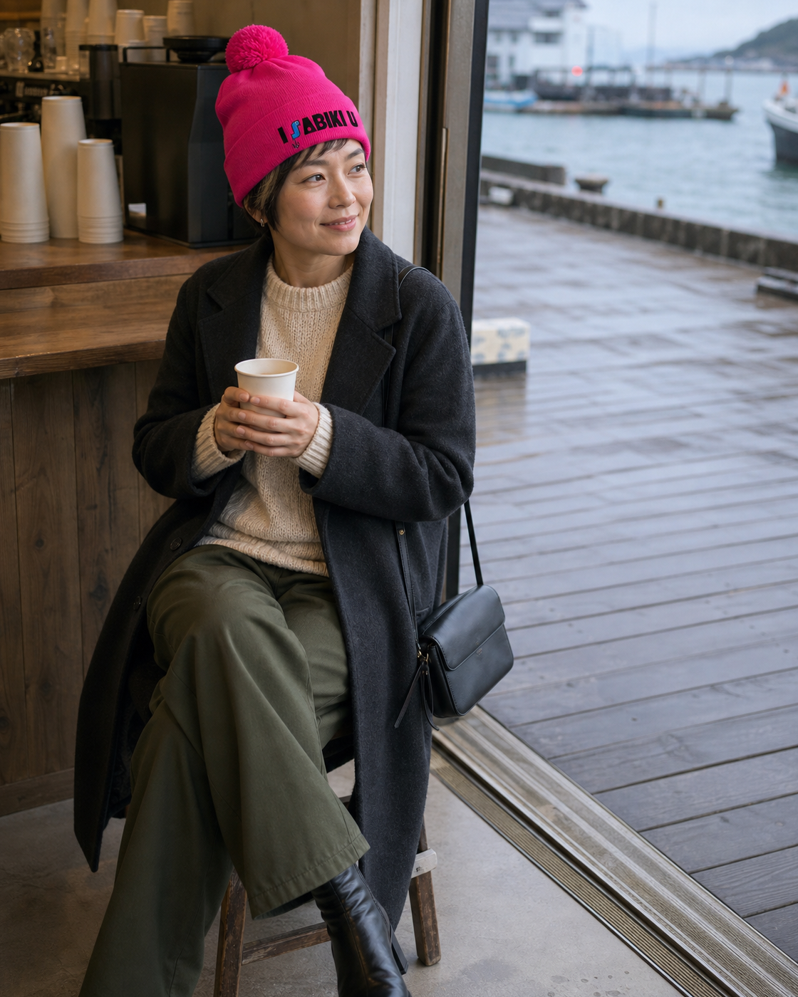 I SABIKI U ネオンピンク ポンポンビーニーを取り入れた女性のコーディネート