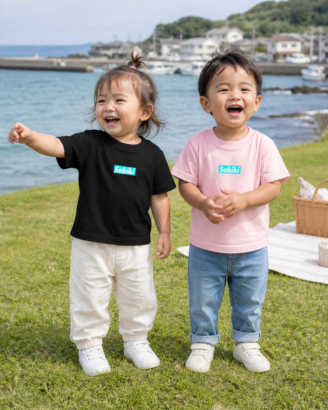 ベビー用SABIKIボックスTシャツ黒とピンクを着用する女の子と男の子