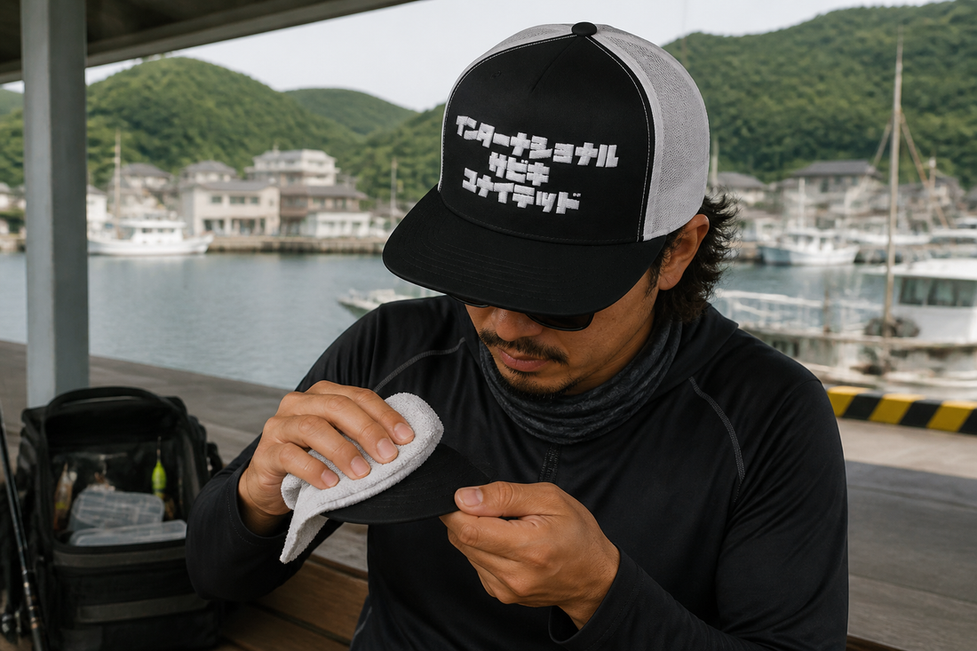 SABIKIトラッカーキャップのつばを手入れするアングラー
