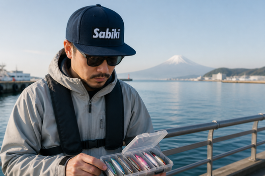 ネイビーSABIKIスナップバックを着用するアングラー