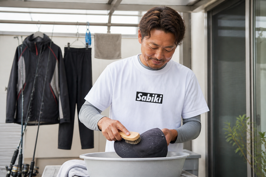 SABIKIロゴTシャツを着て釣り帽子を手入れする男性