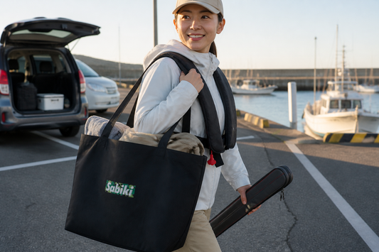 SABIKI大容量トートを持って釣りへ向かう女性