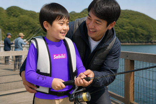 紫のSABIKIキッズラッシュガードを着た親子釣り