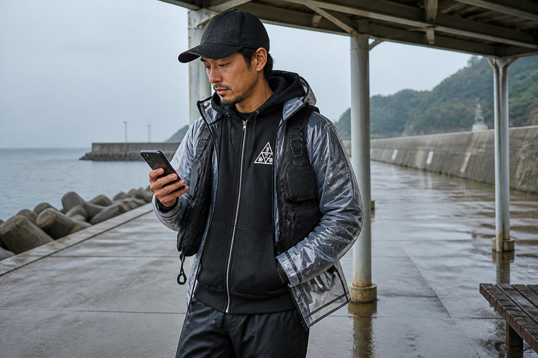 黒フルジップパーカーを着用した雨の日の釣り服装