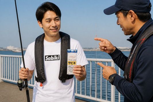 白いSABIKIロゴTシャツを着てサビキ釣りを学ぶ初心者