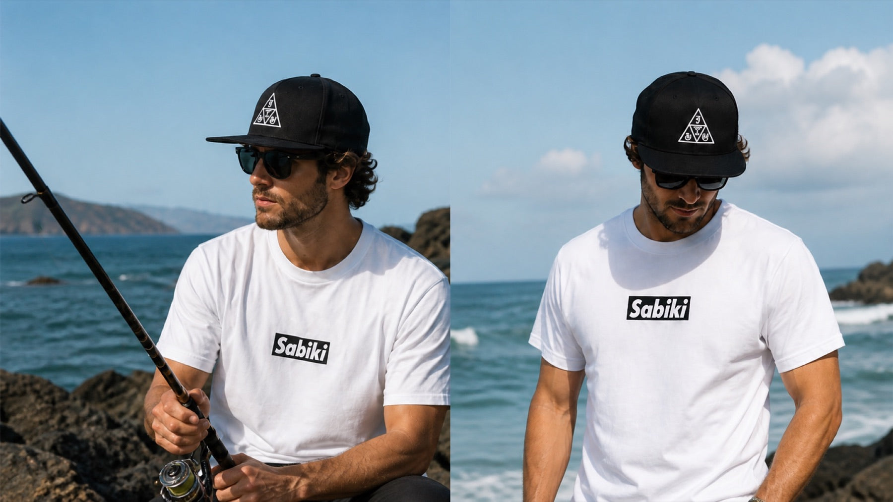 海辺でSABIKIのTシャツとキャップを着用する男性
