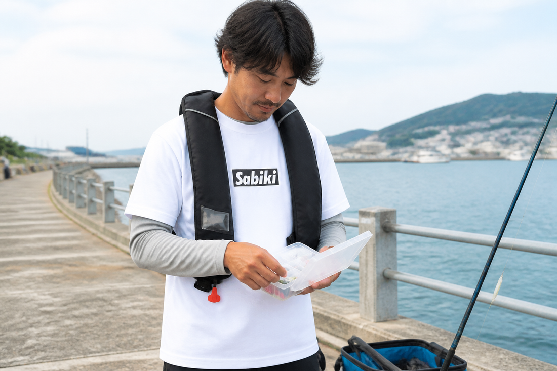白いSABIKIロゴTシャツを着用した堤防釣り