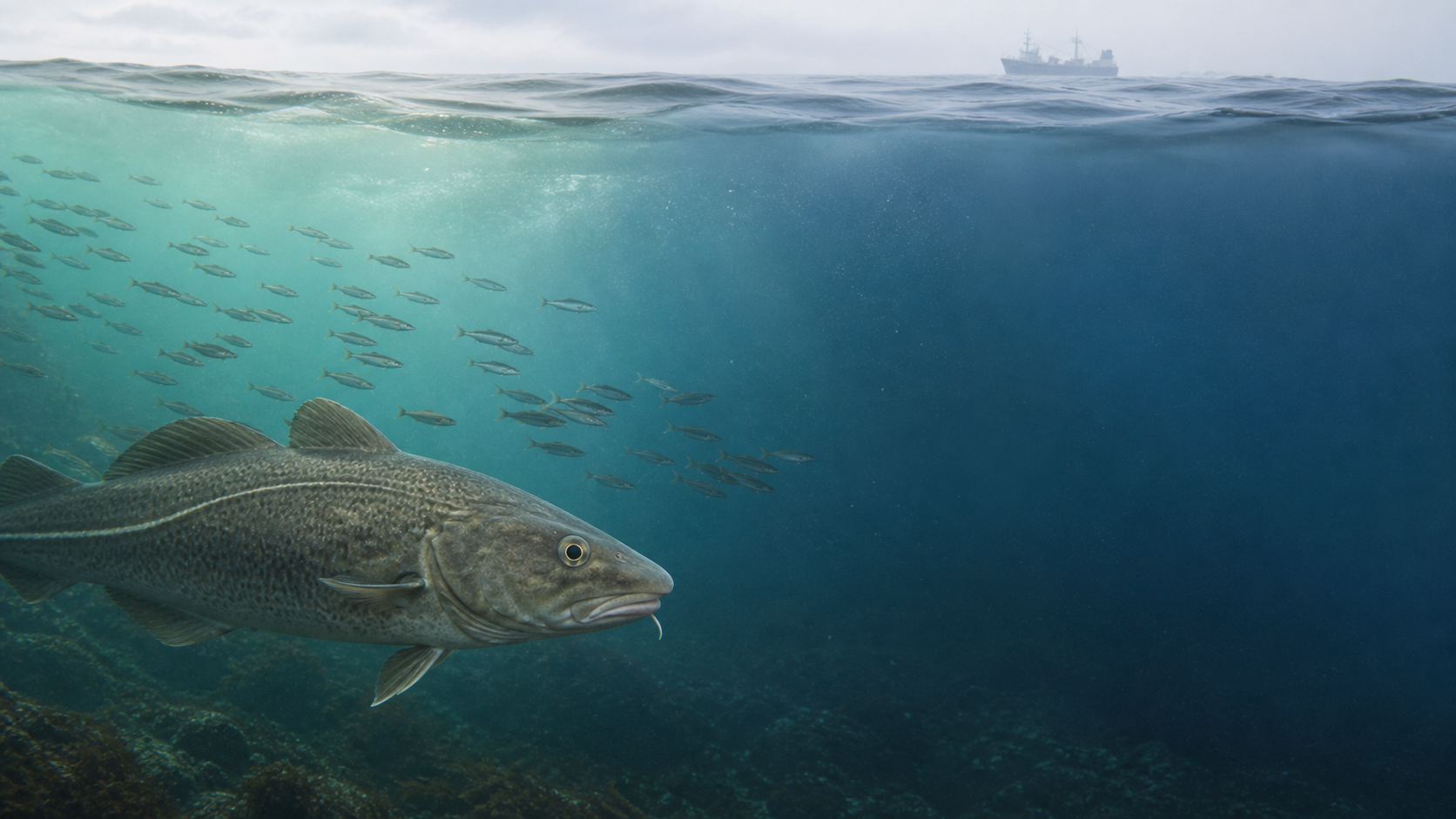 北東大西洋で大型魚と小型の獲物魚が暖水と寒水の境を泳ぐ場面