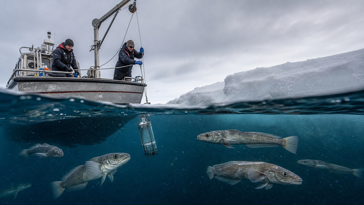 南極の氷縁で海水を採取する調査船と冷たい海を泳ぐ魚の群れ