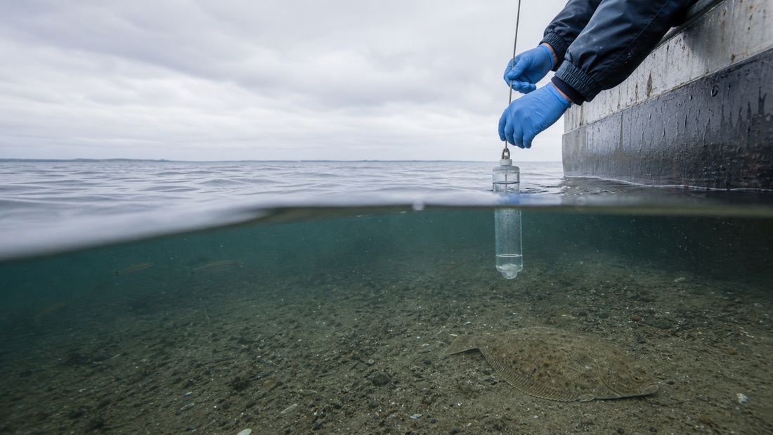 北海の調査船から透明な採水器で海水を採る研究風景と海中の魚影