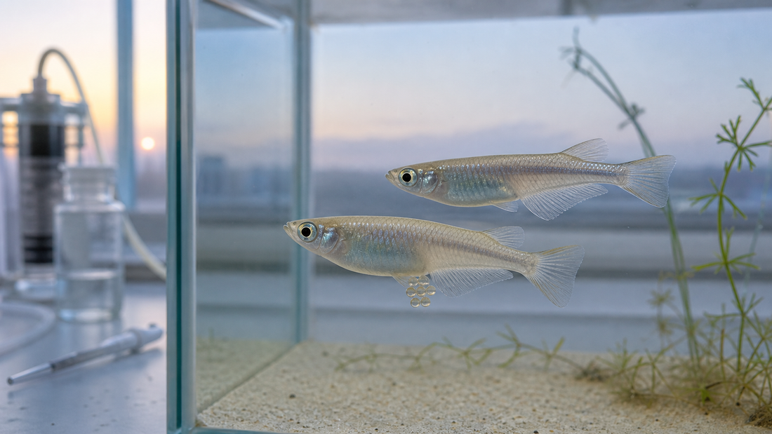 朝の光が差す水槽で産卵行動を見せるメダカのペアと採水フィルター
