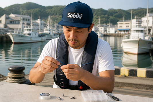 SABIKIスナップバックを着用して仕掛けを準備するアングラー
