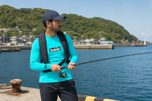 夏の釣りでSABIKIラッシュガードを着用するアングラー