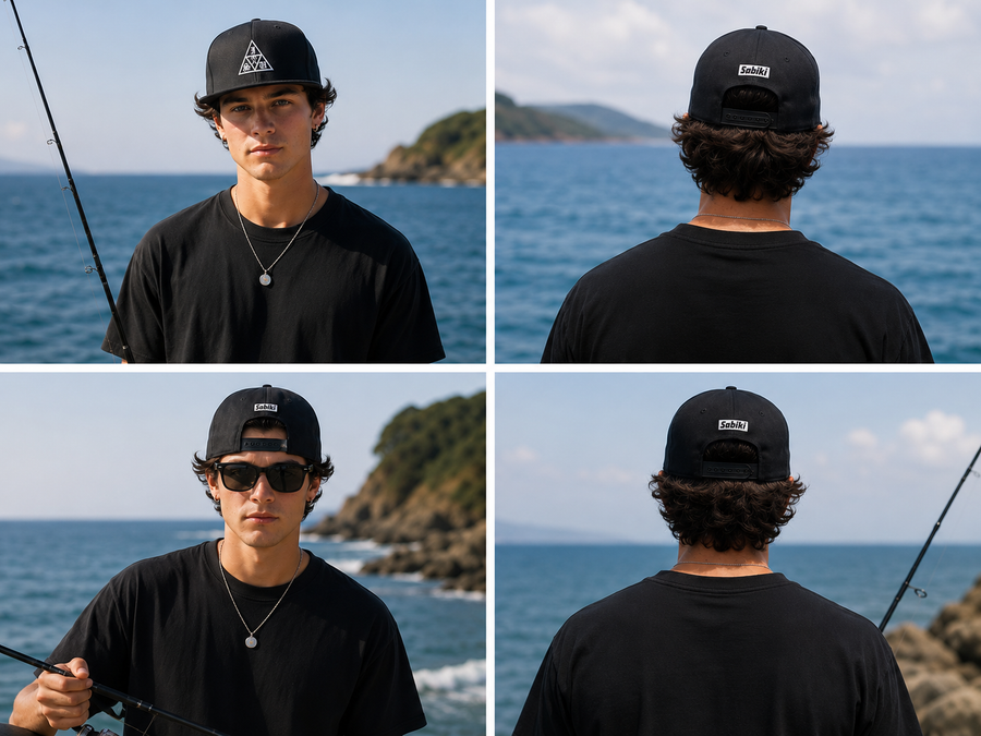 海辺で黒いDeltaスナップバックキャップを前後から着用する男性の4分割写真