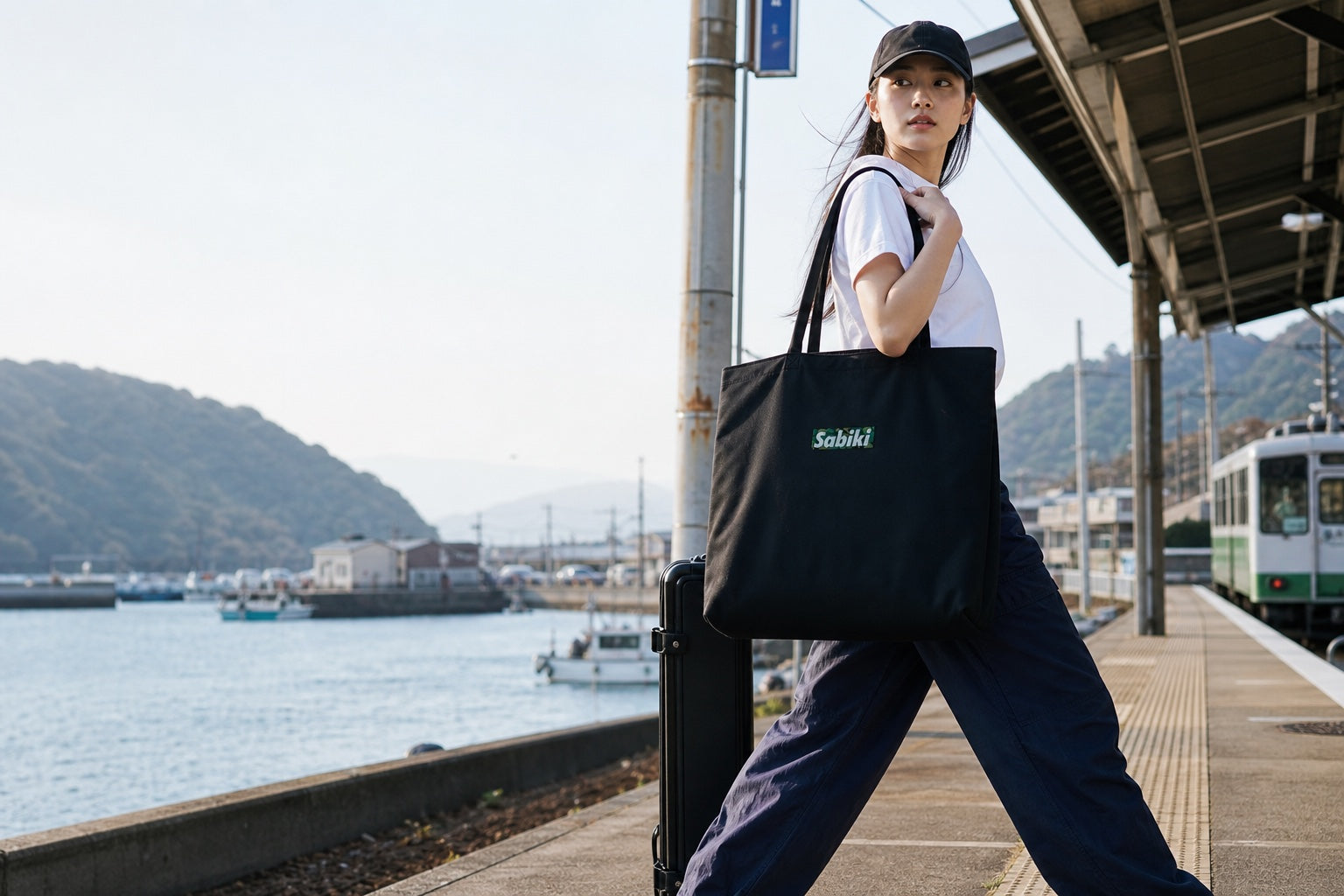 海沿いの駅でSABIKIトートを肩に掛け、釣行へ向かう女性