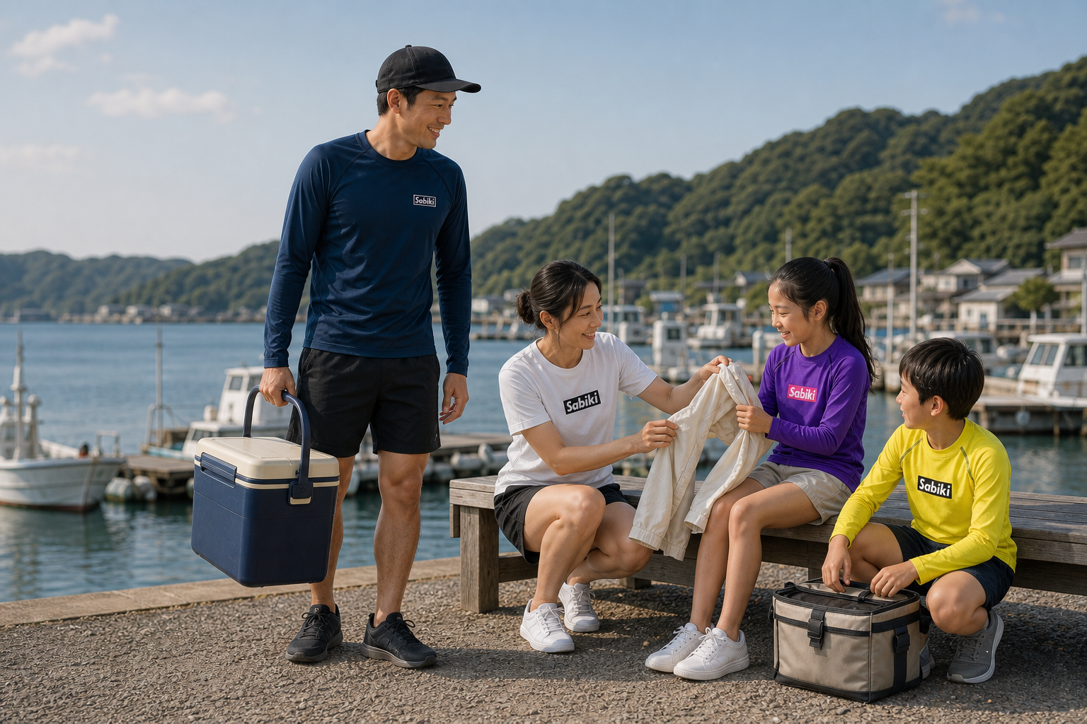 港で出発の支度をする男性、女性、女の子、男の子のSABIKIスタイル