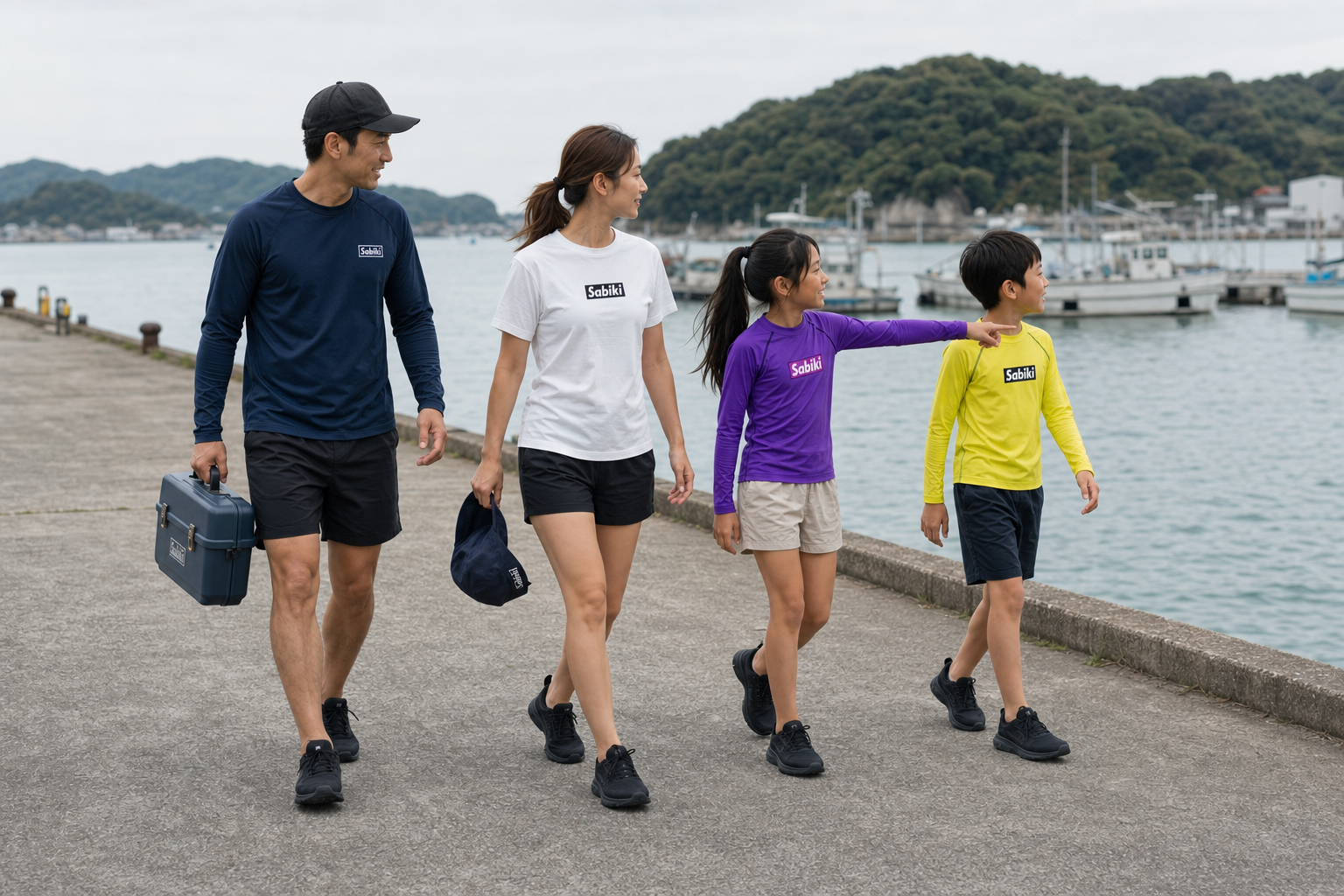 SABIKIのウェアを着て港を歩く男性、女性、女の子、男の子