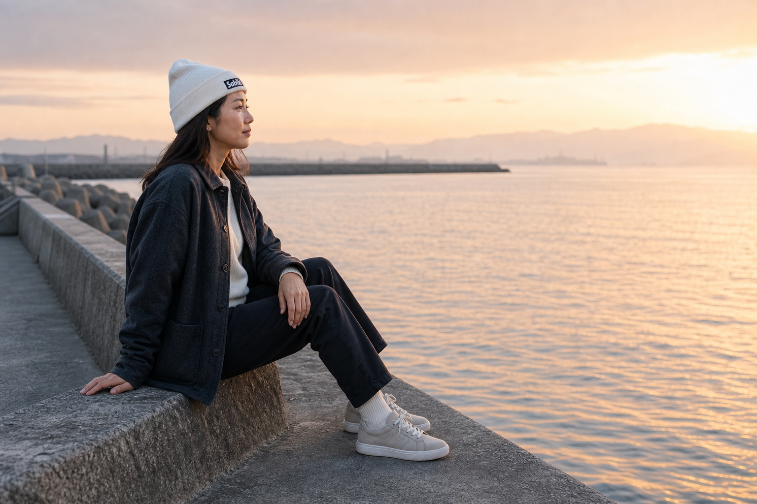 白いSABIKIビーニーをかぶり、夜明けの海を眺める女性