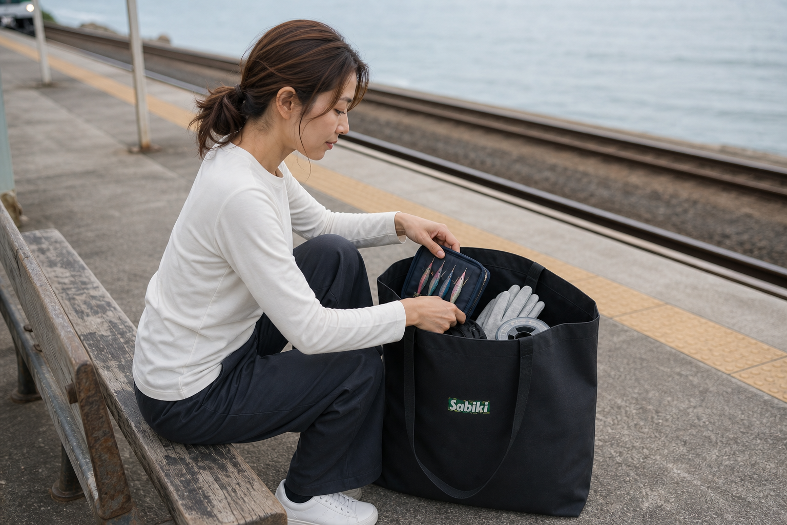 海辺の駅でSABIKIトートへ釣り道具を詰める女性
