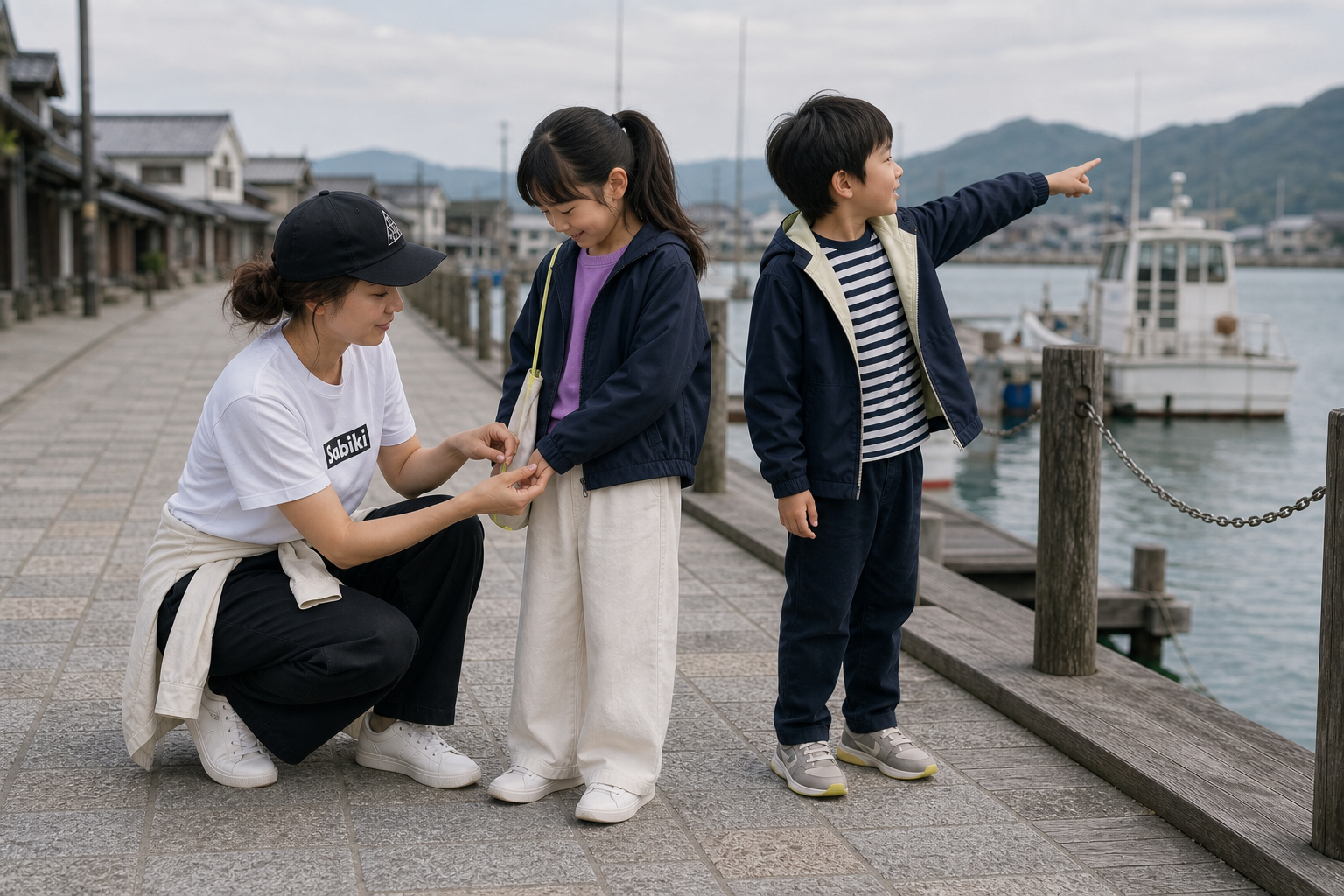 港で女の子の袖を整える女性と沖の船を指す男の子