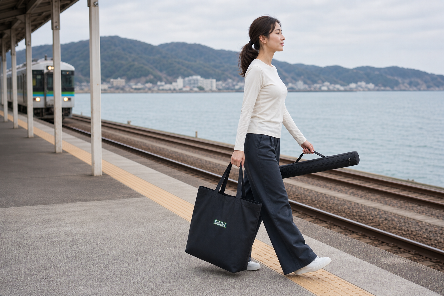 海辺の駅でSABIKIトートとロッドケースを持って歩く女性