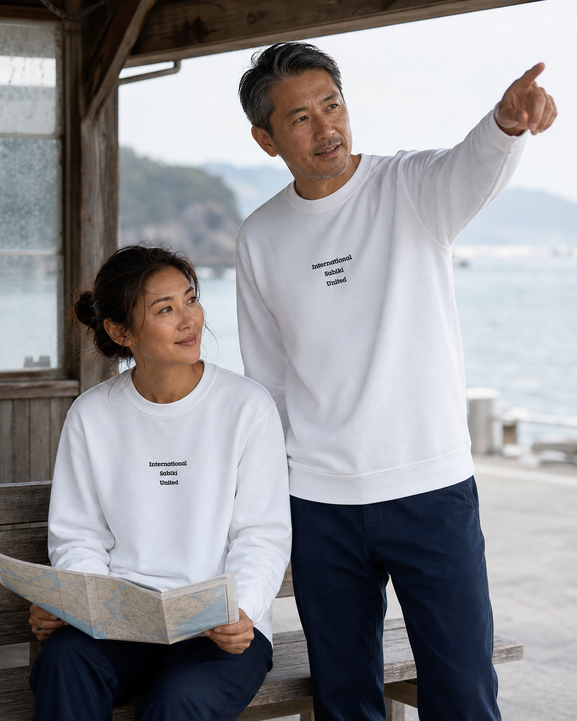 Sudadera unisex SABIKIを港で着用する男性と女性