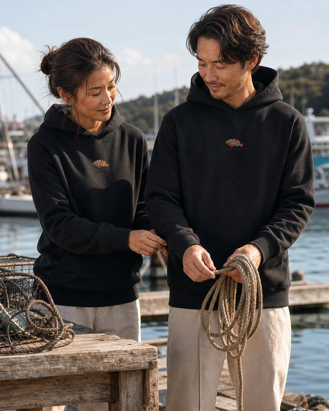 黒いISU AKOUパーカーを着て、ロープと袖口を整える男性と女性