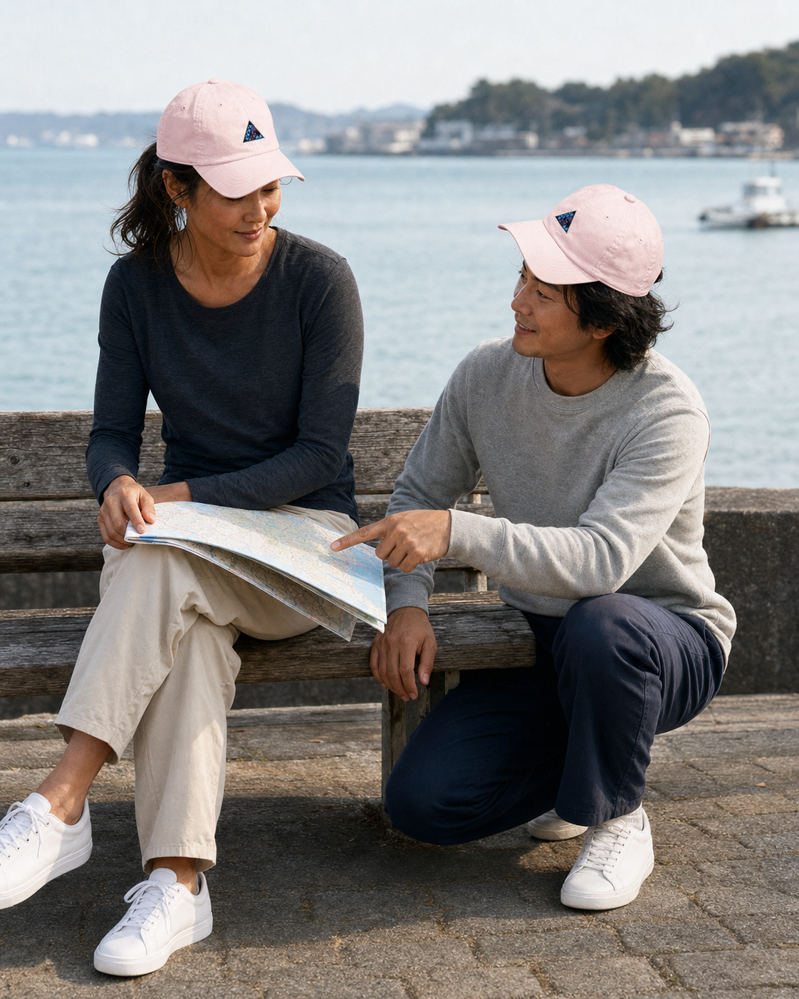 ISU DELTA パステル ベースボールキャップを港で着用する男性と女性