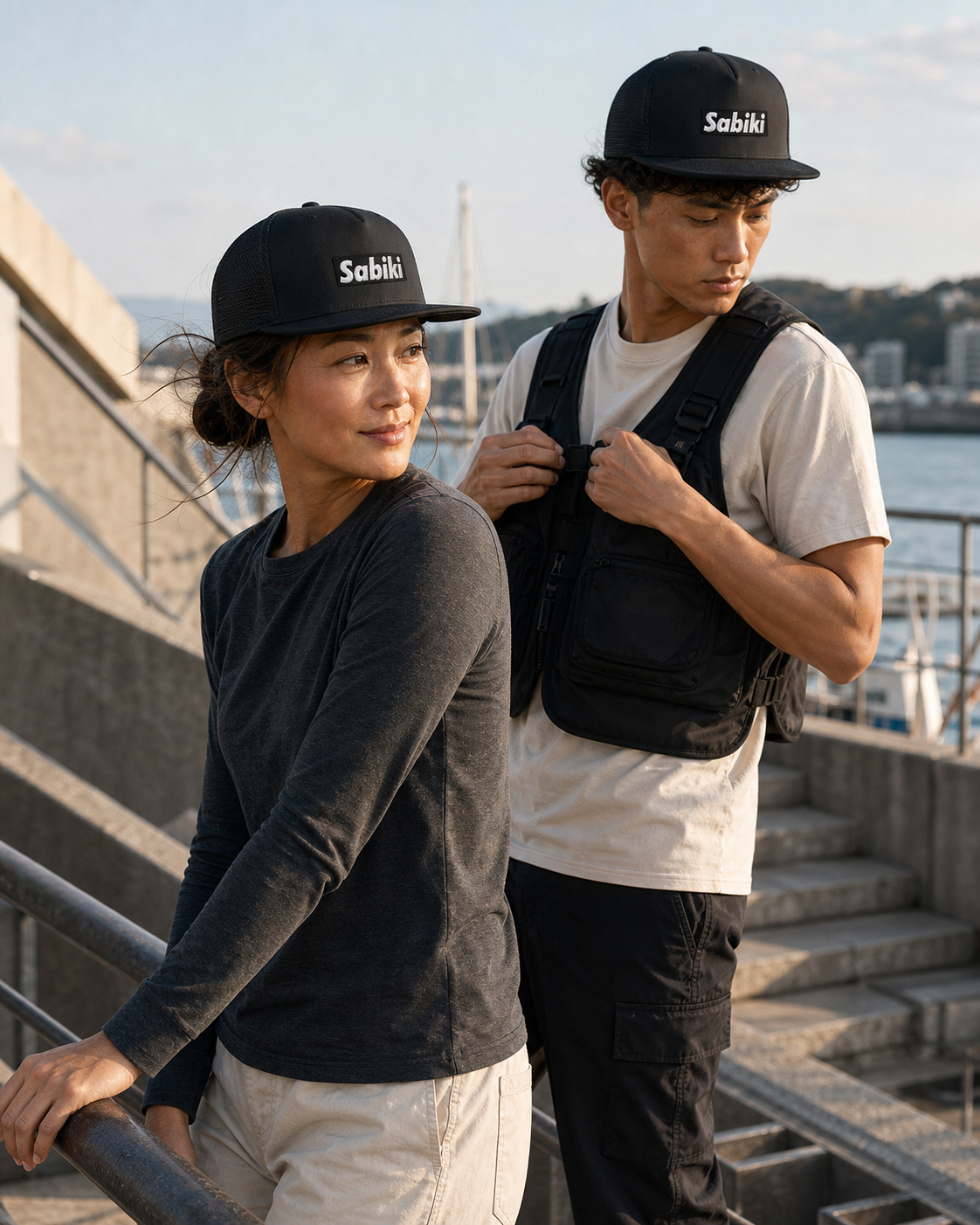 黒いSABIKI BOXトラッカーキャップをかぶり、港で支度する女性と男性