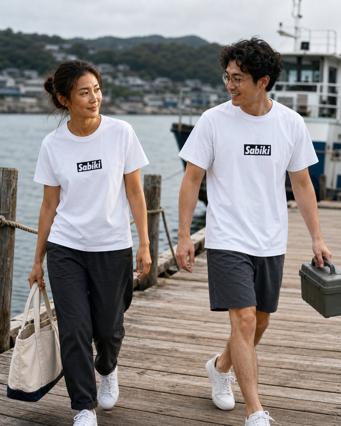 白いSABIKI BOX Tシャツを着て桟橋を歩く女性と男性