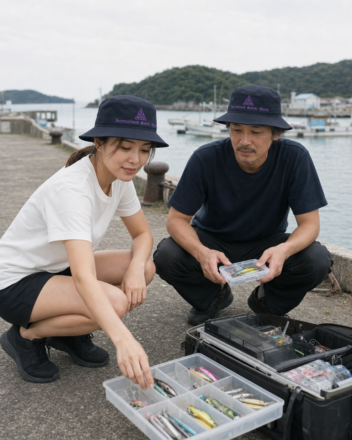 パープル DELTA SABIKI バケットハットを港で着用する男性と女性