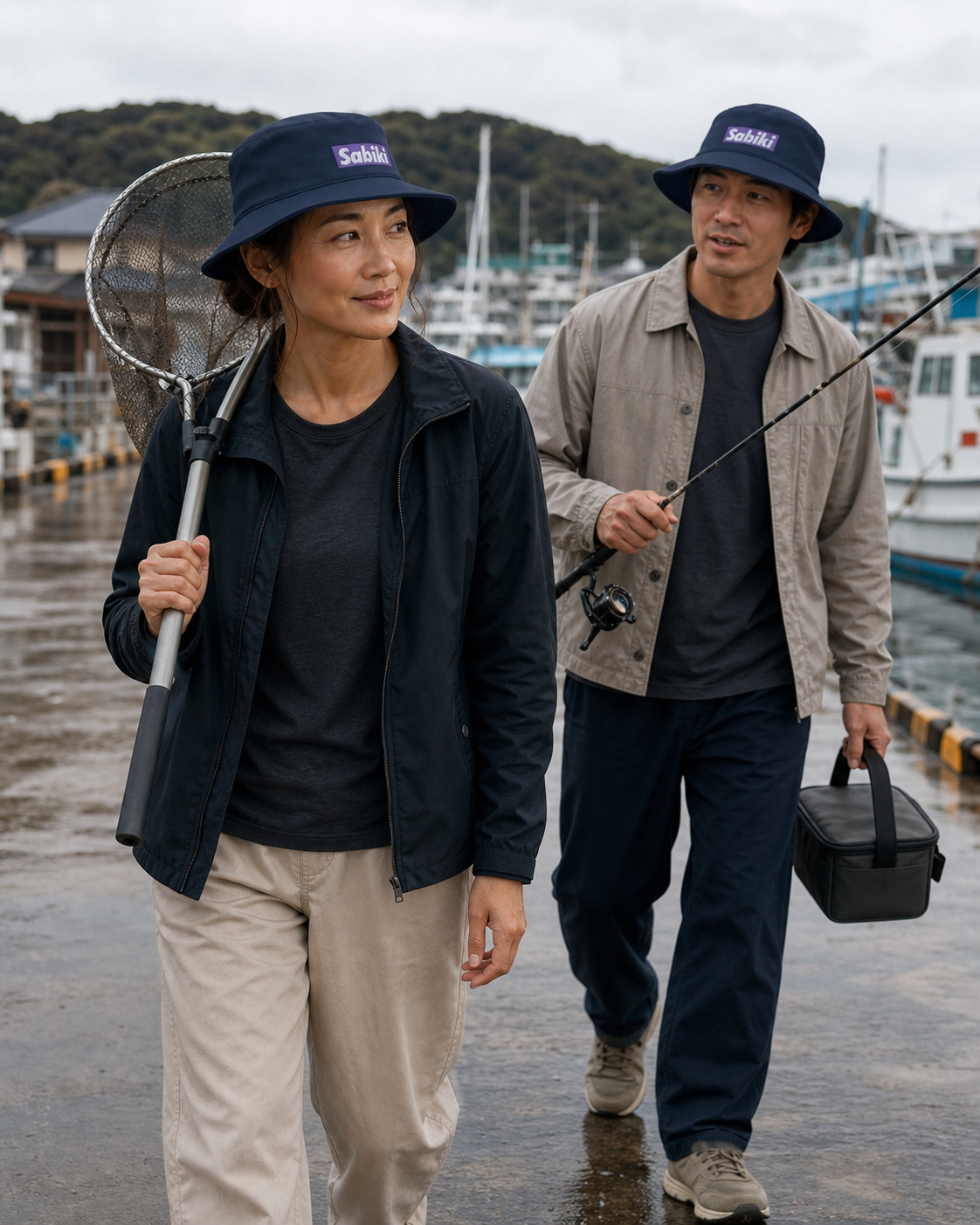 Sombrero de pescador de cubo SABIKI BOX moradoを港で着用する男性と女性