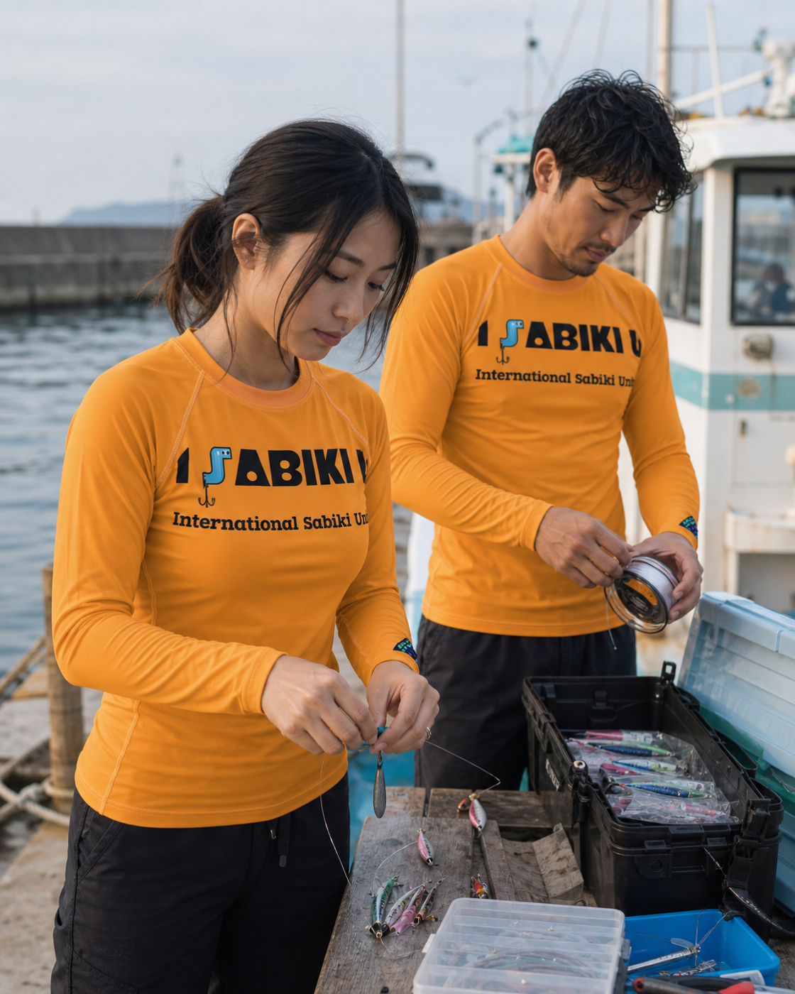 Protector solar SABIKI logo | Naranjaを港で着用する男性と女性