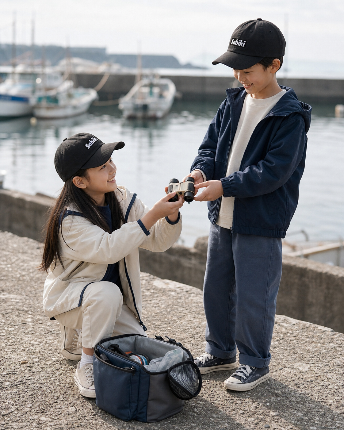 黒いSABIKI BOXキッズキャップをかぶり、双眼鏡を受け渡す女の子と男の子