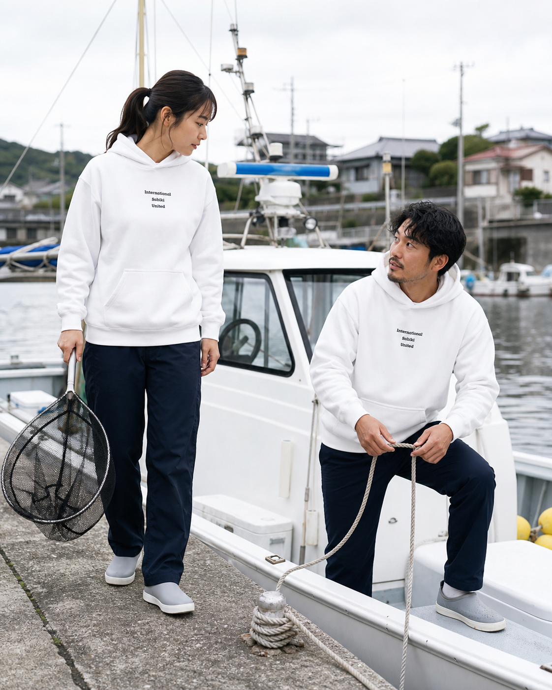 Original SABIKI ユニセックスパーカー ホワイト｜男性・女性の港での着用イメージ