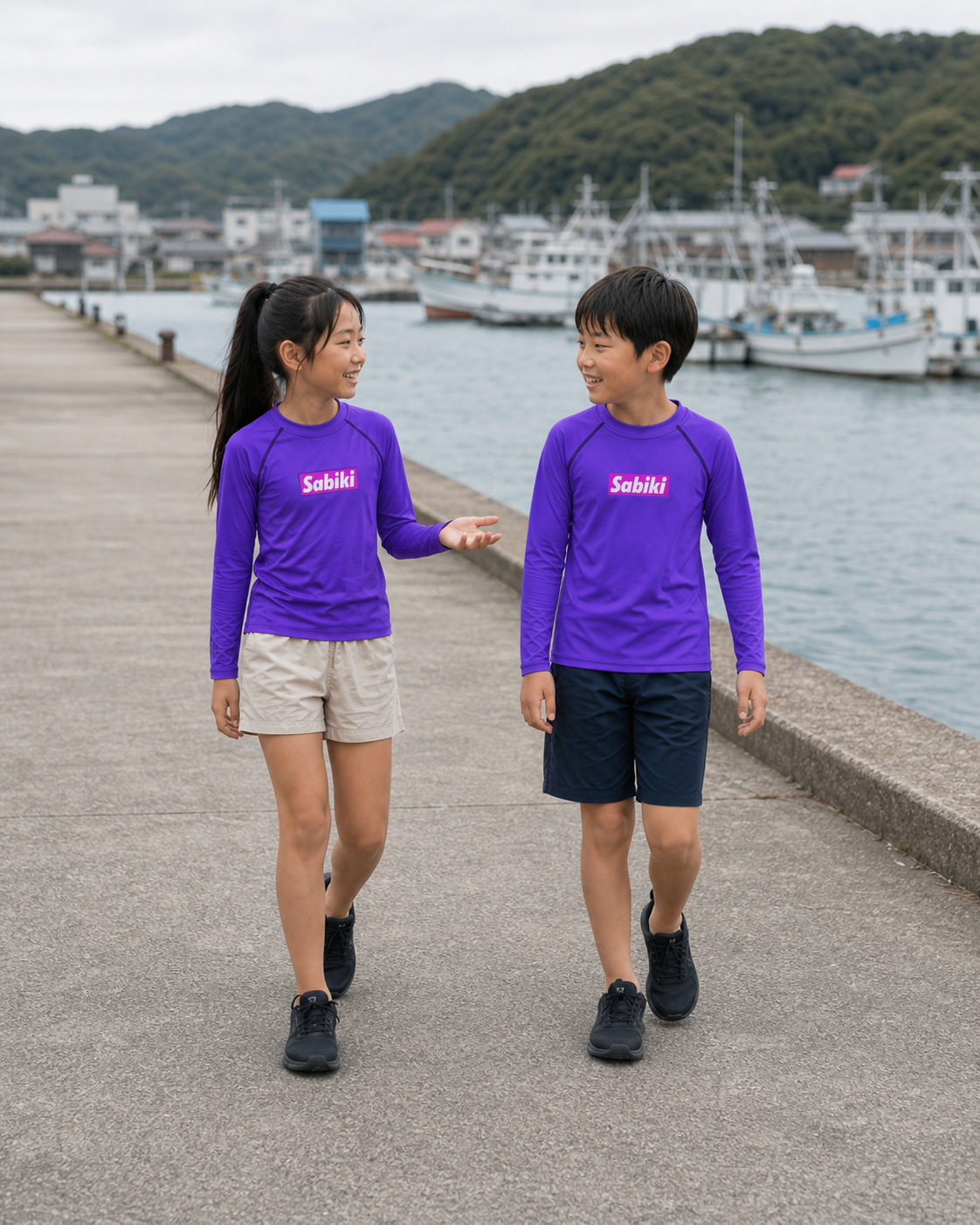紫のSABIKI BOXキッズラッシュガードを着て港を歩く女の子と男の子