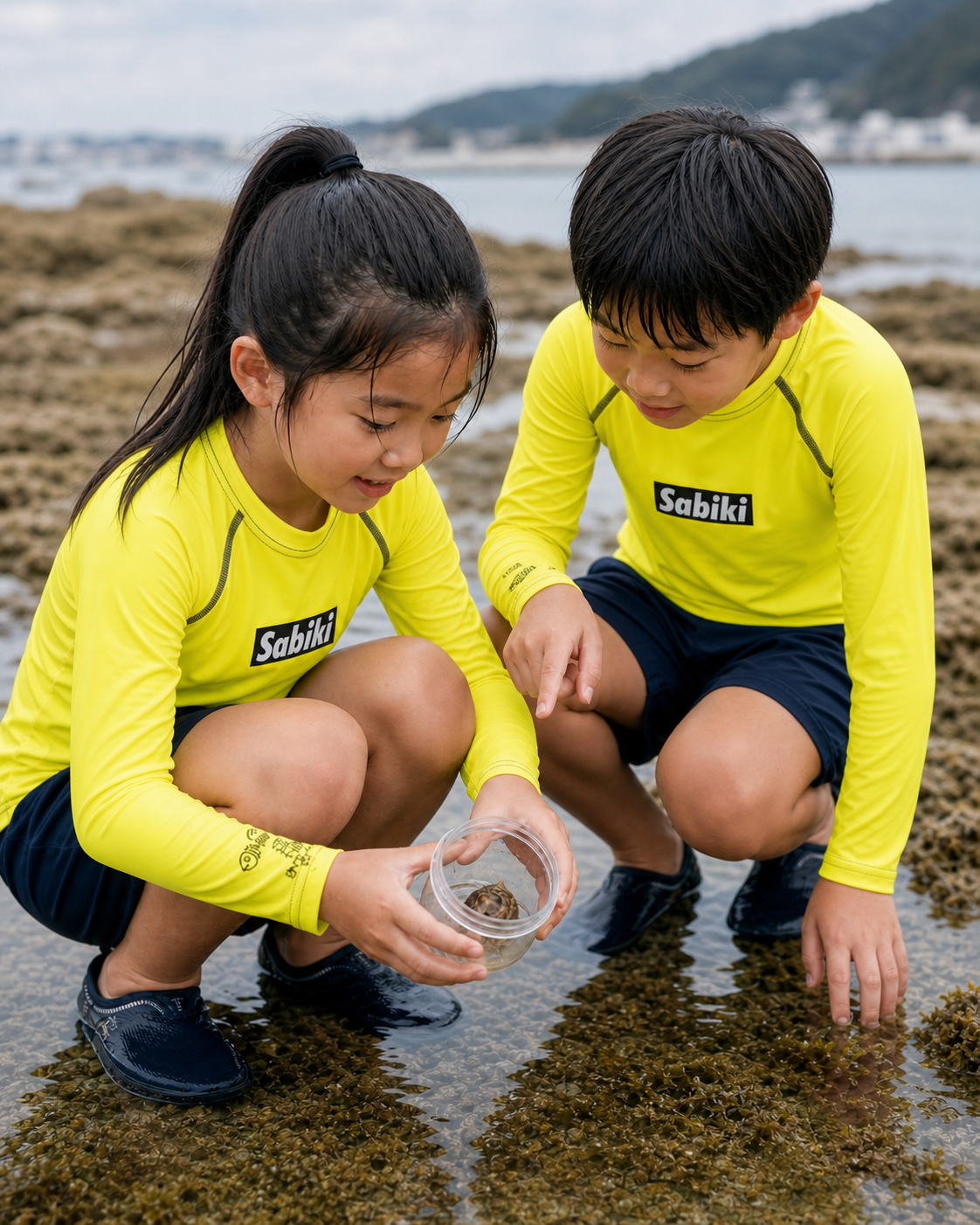 ネオンイエローのSABIKI BOXキッズラッシュガードを着て潮だまりを観察する女の子と男の子