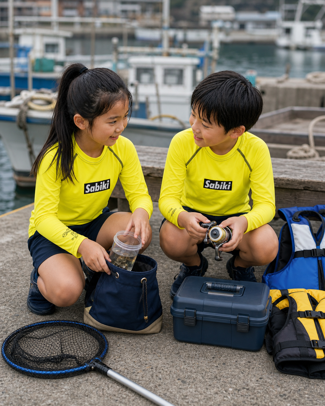 ネオンイエローのSABIKI BOXキッズラッシュガードを着て港で釣りの準備をする女の子と男の子