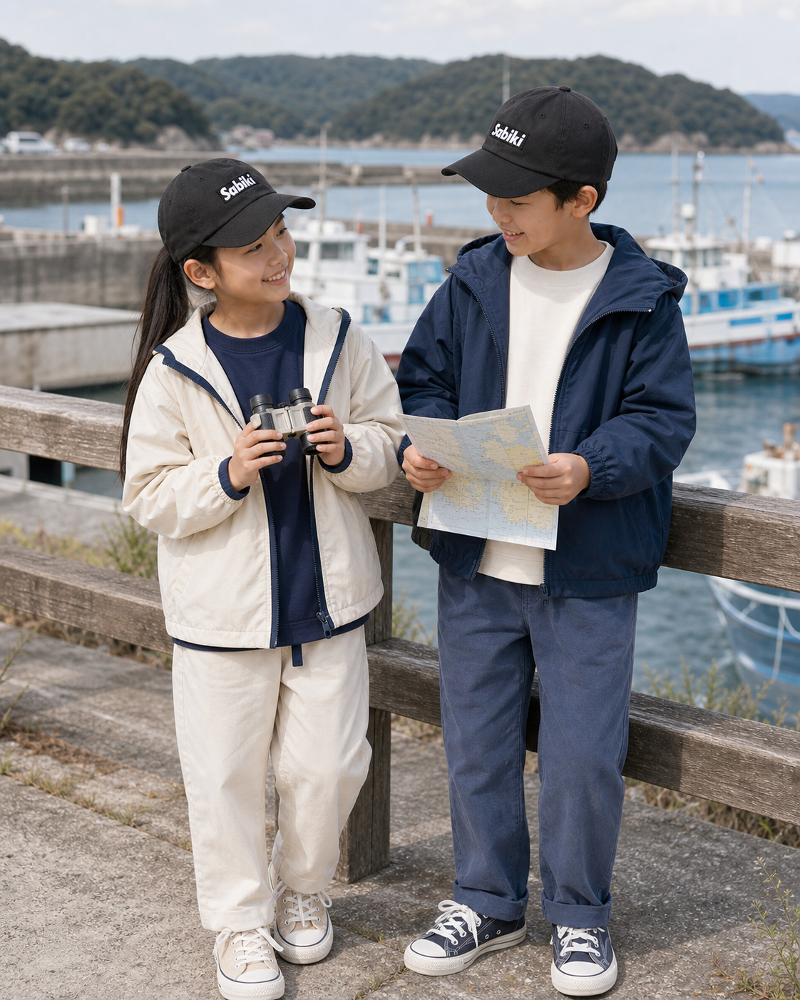 ブラックのSABIKI BOXキッズキャップをかぶり港で過ごす兄妹（着用イメージ2）