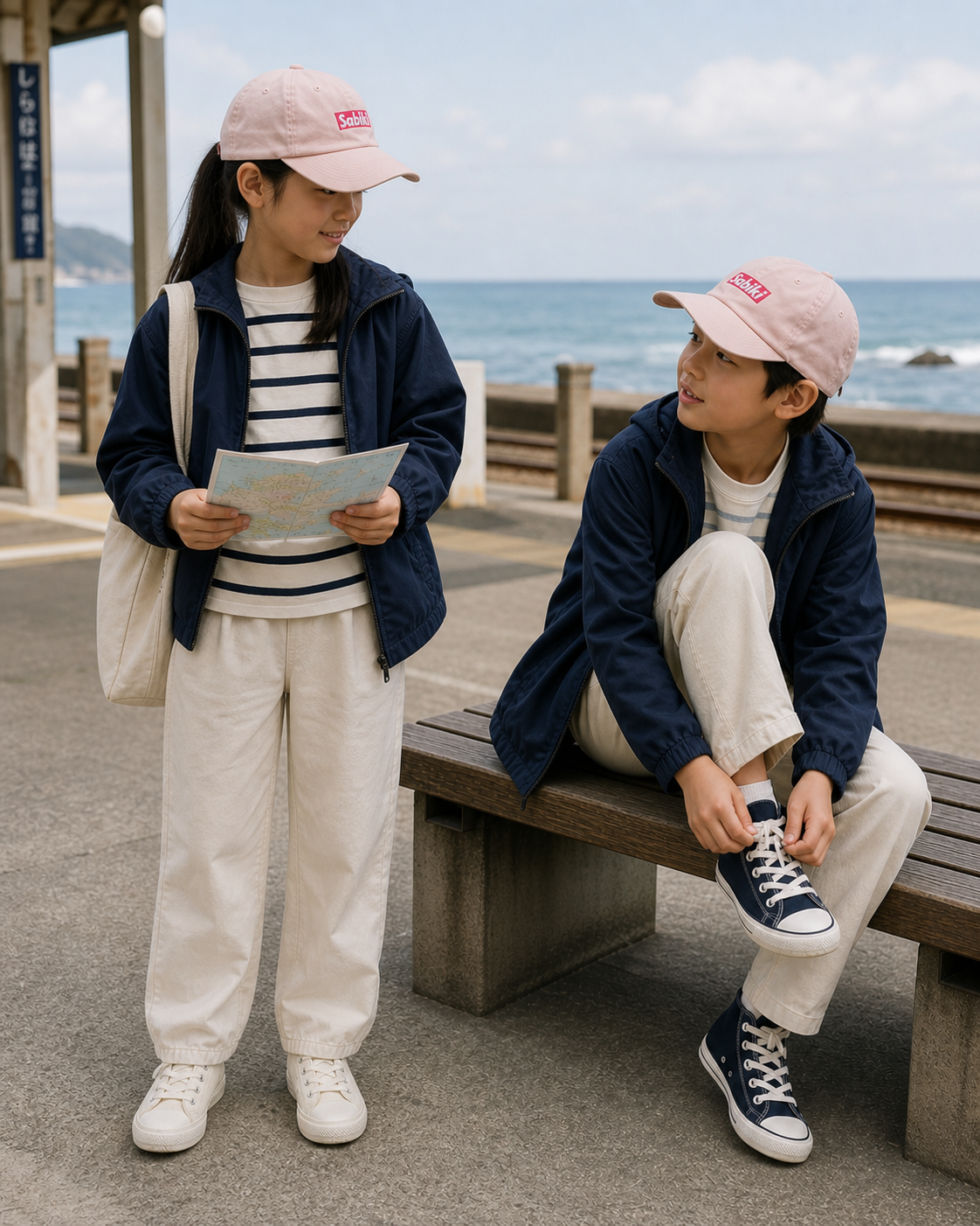 ピンク SABIKI BOX キッズ ベースボールキャップを着用する女の子と男の子