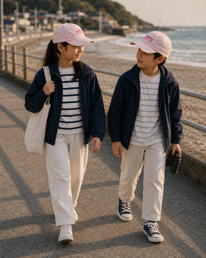 ピンクのSABIKI BOXキッズキャップをかぶり港で過ごす兄妹（着用イメージ2）
