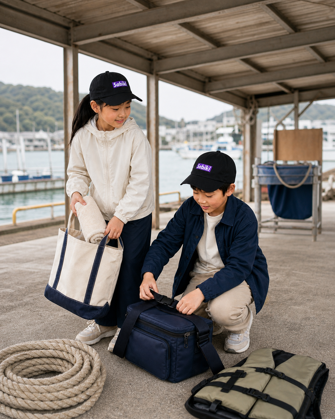 パープルのSABIKI BOXキッズキャップをかぶり港で過ごす兄妹（着用イメージ3）